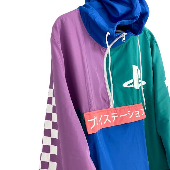 PLAYSTATION Bioworld Pastel Colorblock Checkered Long Sleeve Hooded Windbreaker - Picture 6 of 16